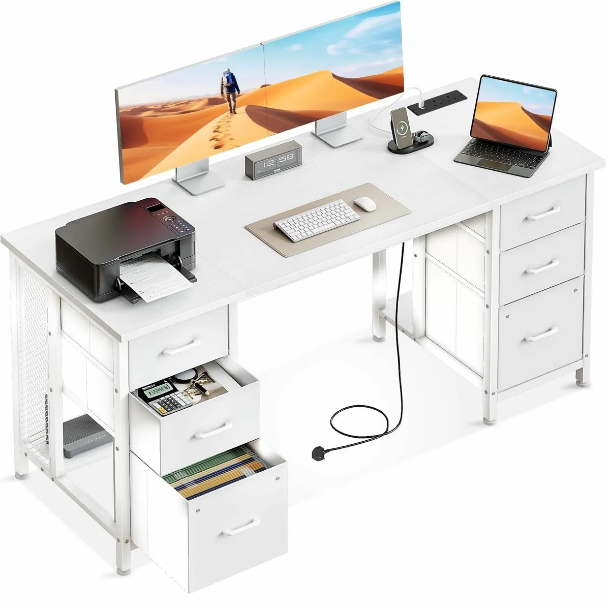 Computer Desk 6 Drawers 160x52 cm Office Sockets & - Image 1