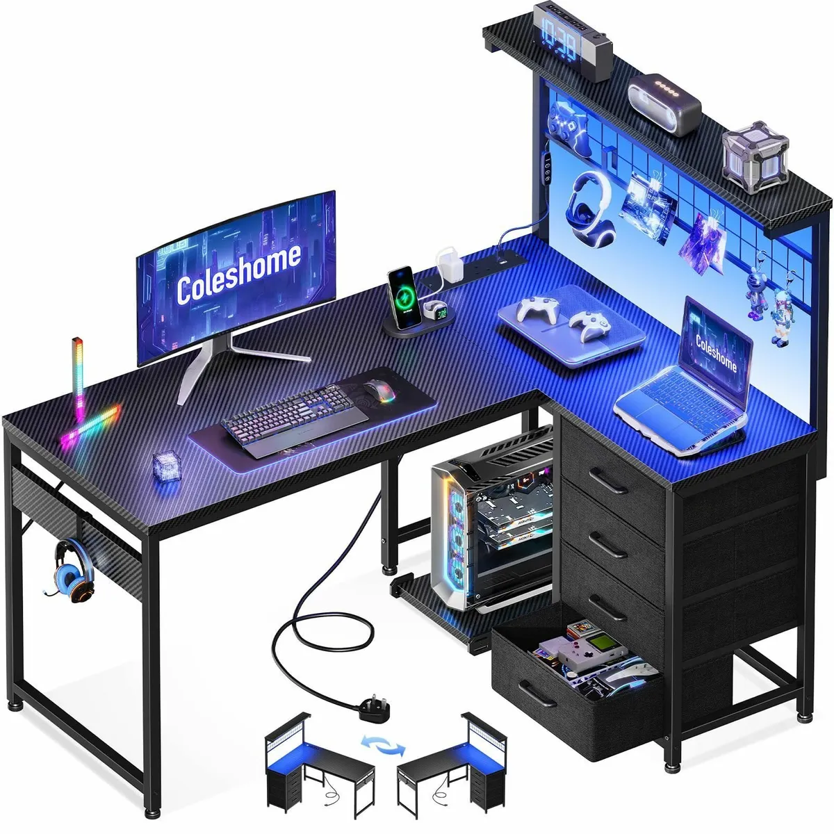L Shaped Gaming Desk Drawers & Shelf 110 × 80 cm R - Image 1