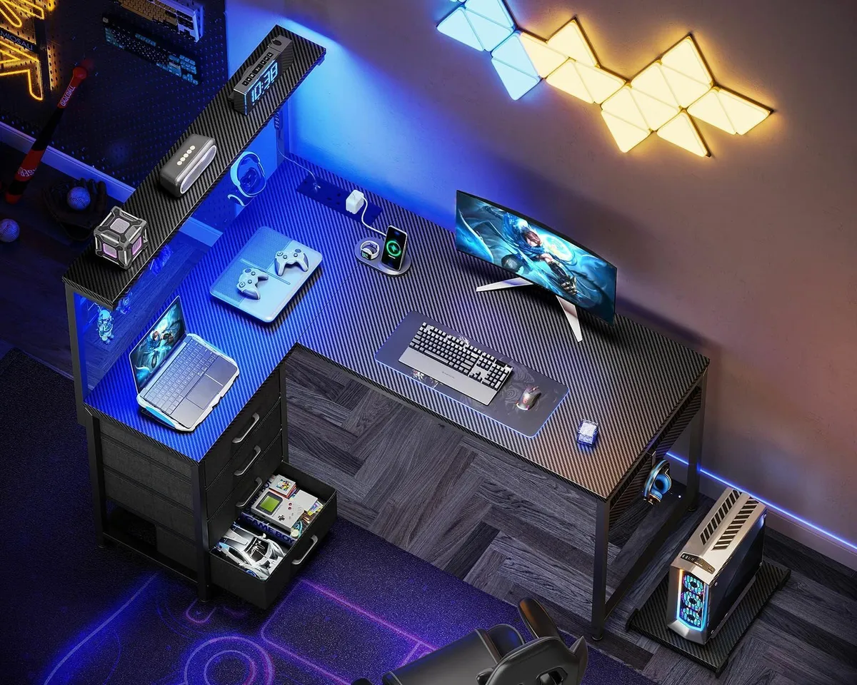 L Shaped Gaming Desk Drawers & Shelf 110 × 80 cm R - Image 2
