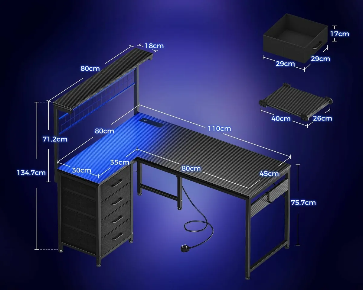 L Shaped Gaming Desk Drawers & Shelf 110 × 80 cm R - Image 3