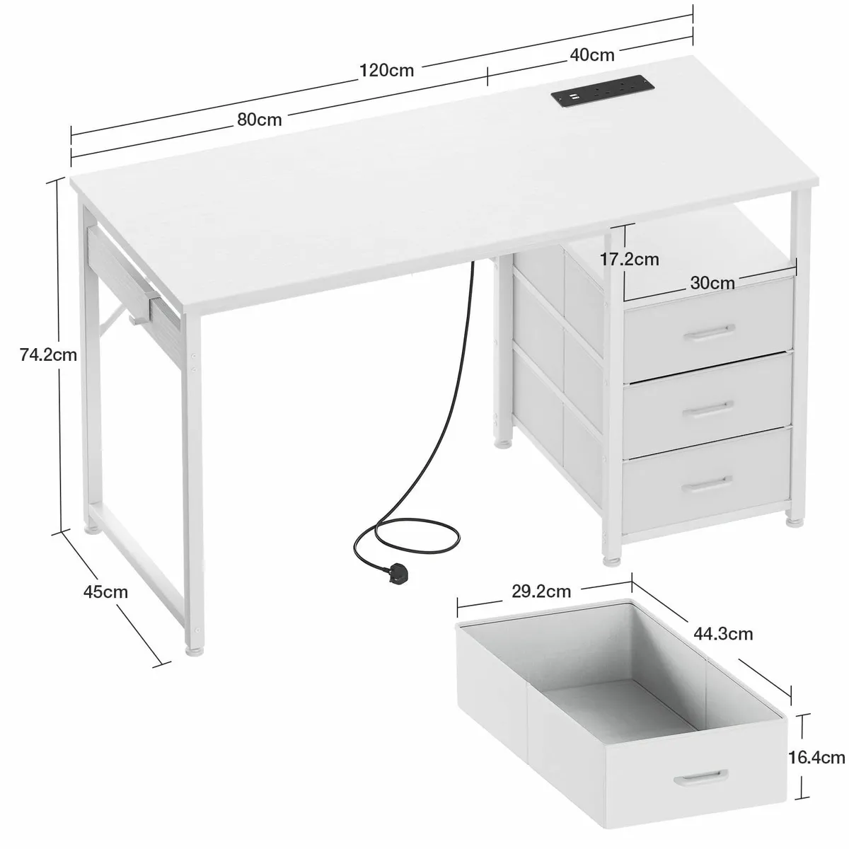 120cm Computer Desk Drawers Office 2 Sockets & USB - Image 3