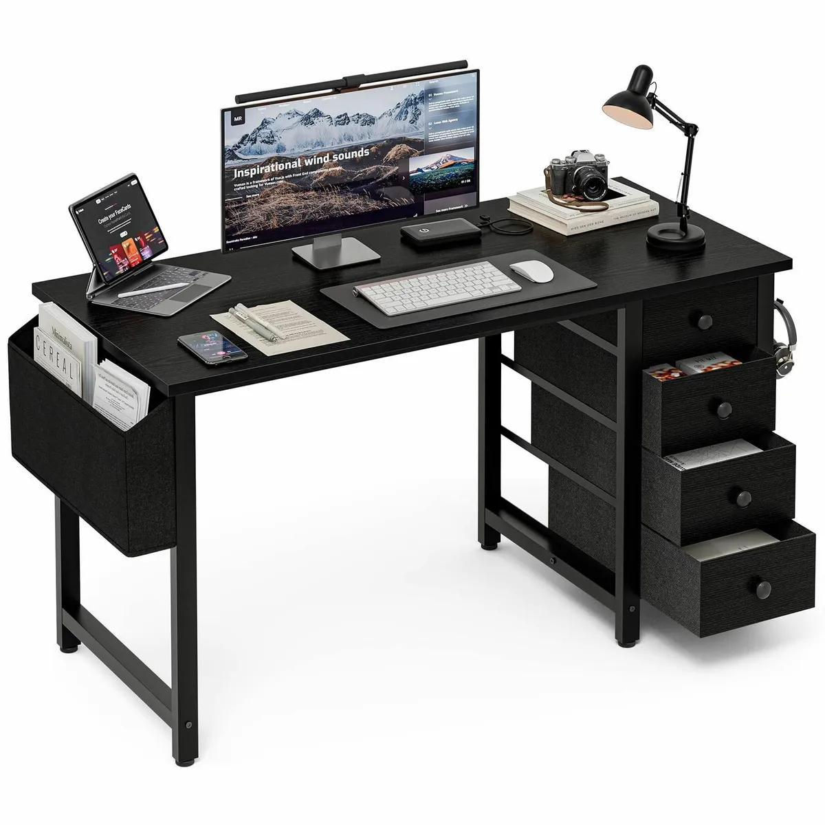 Black Desk Fabric Drawers Cabinet 120 cm Reversibl - Image 1