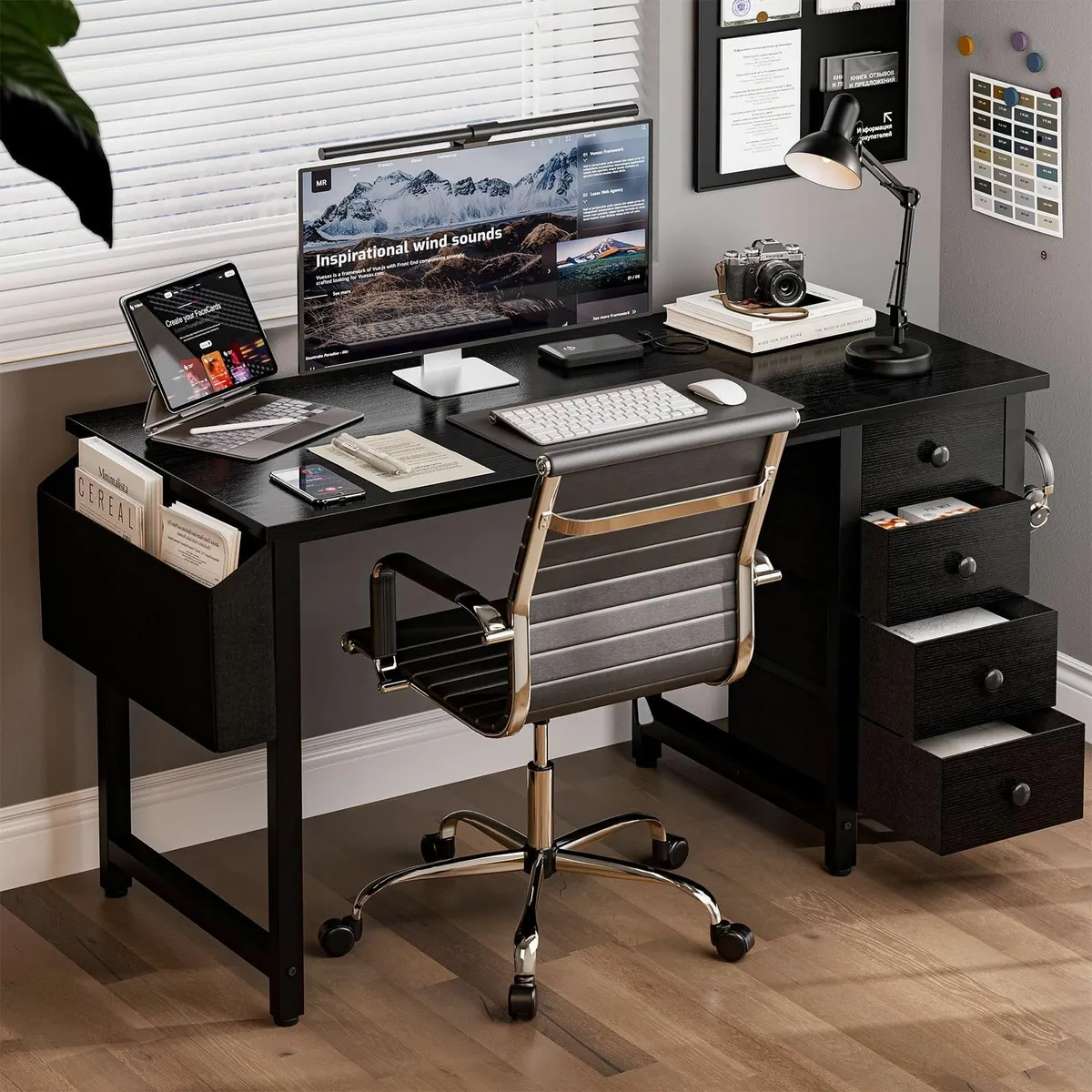 Black Desk Fabric Drawers Cabinet 120 cm Reversibl - Image 2