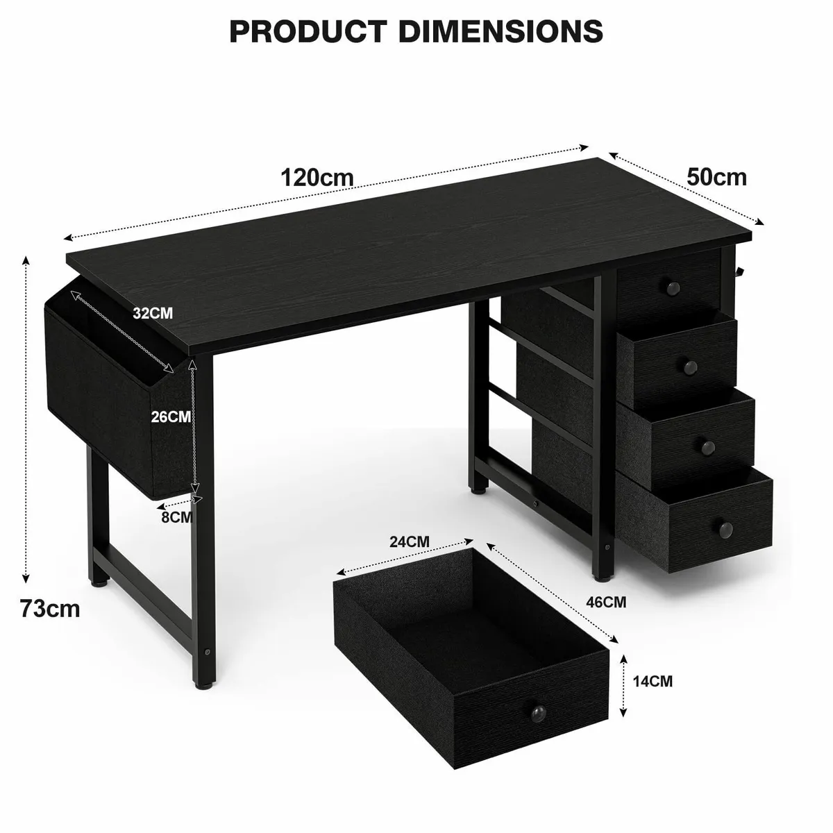 Black Desk Fabric Drawers Cabinet 120 cm Reversibl - Image 3