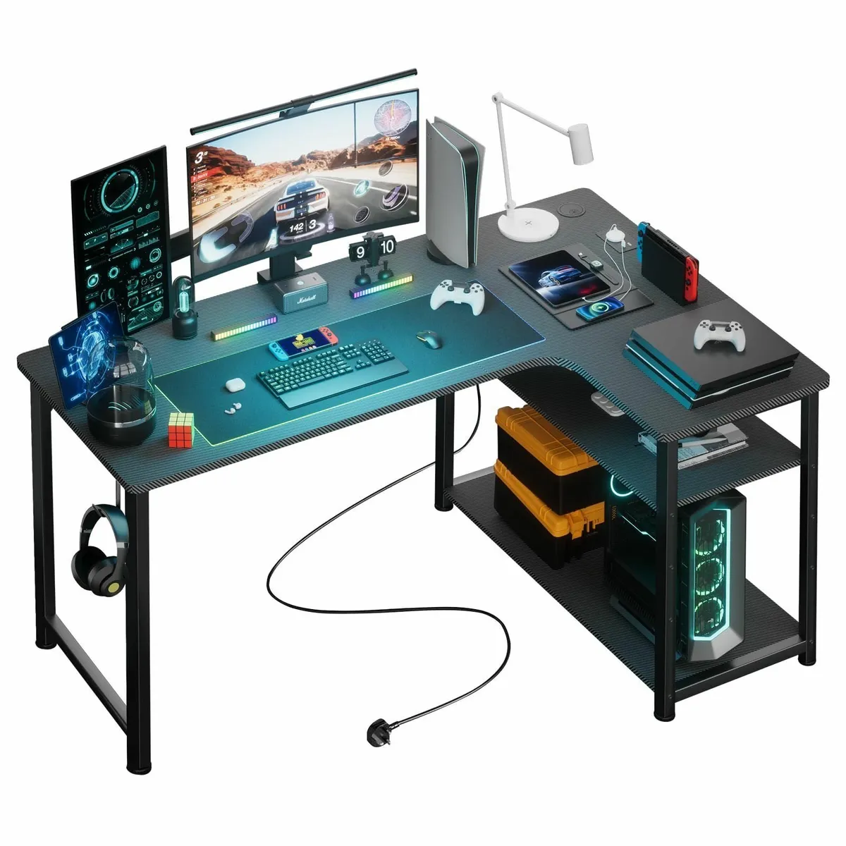 L Shaped Gaming Desk 110x80CM Power Outlets Corner - Image 1