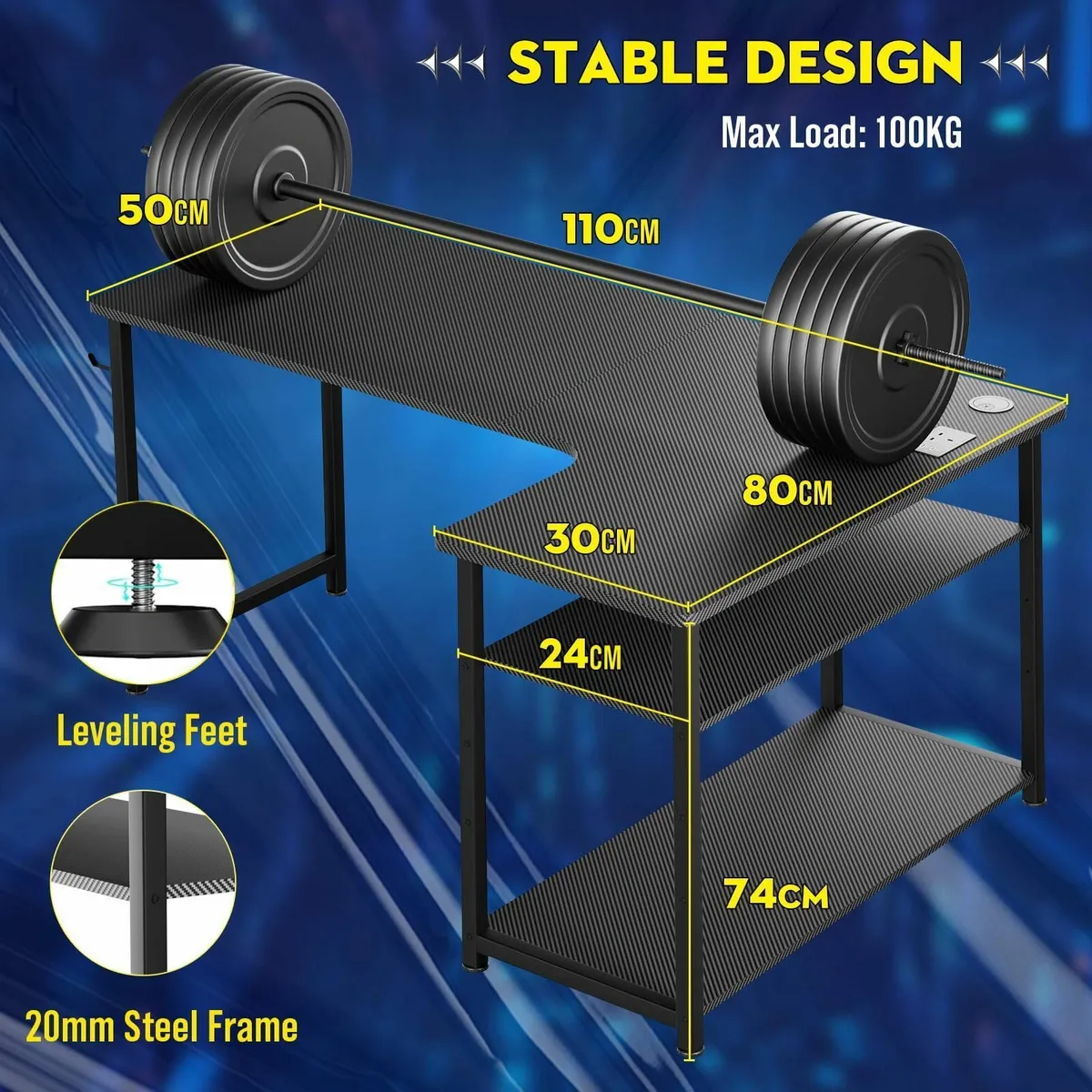 L Shaped Gaming Desk 110x80CM Power Outlets Corner - Image 3