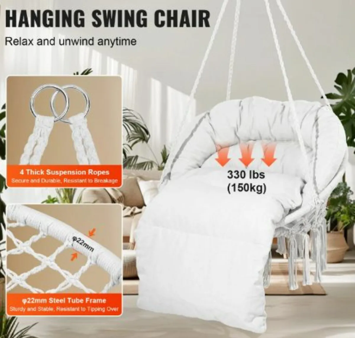 Hanging Hammock Swing Chair, 330 Lbs Capacity, - Image 2