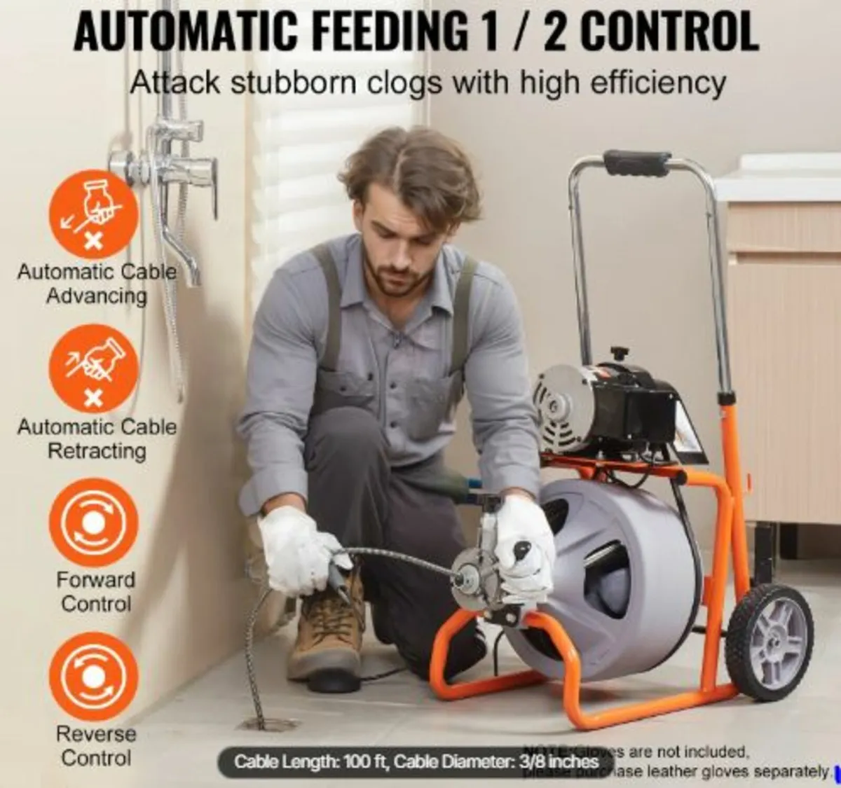 Drain Cleaner Machine 30.5m x 9.5mm Auto Feed - Image 2