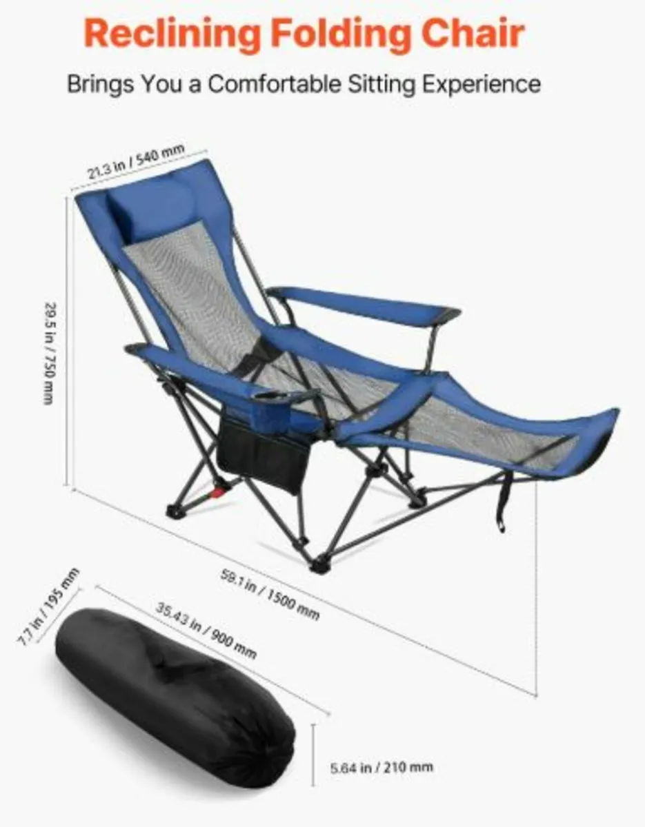 Reclining Camping Chair, 4 Adjustable Positions, - Image 2