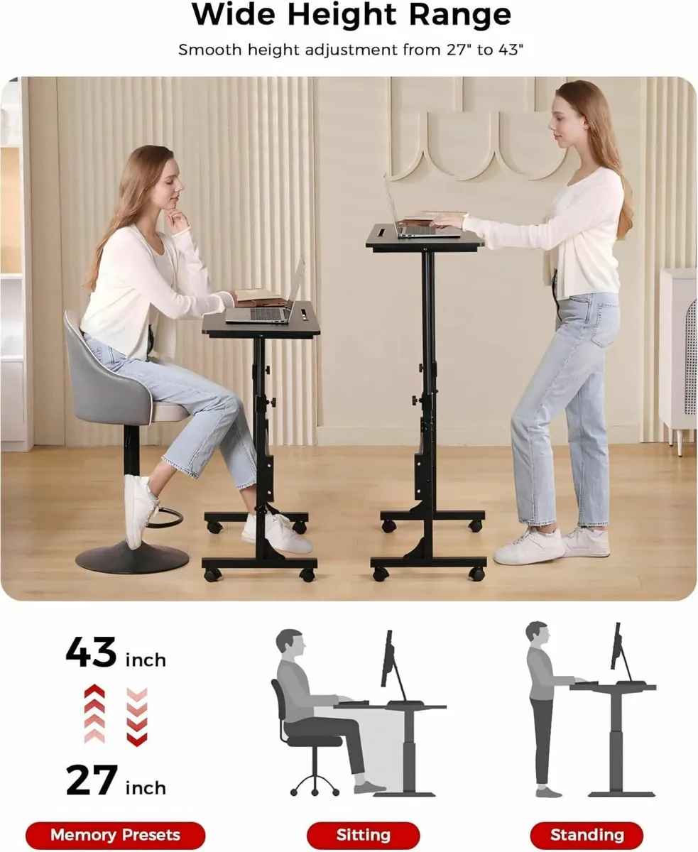 Standing Desk Adjustable Height Mobile Stand Up Wh - Image 3
