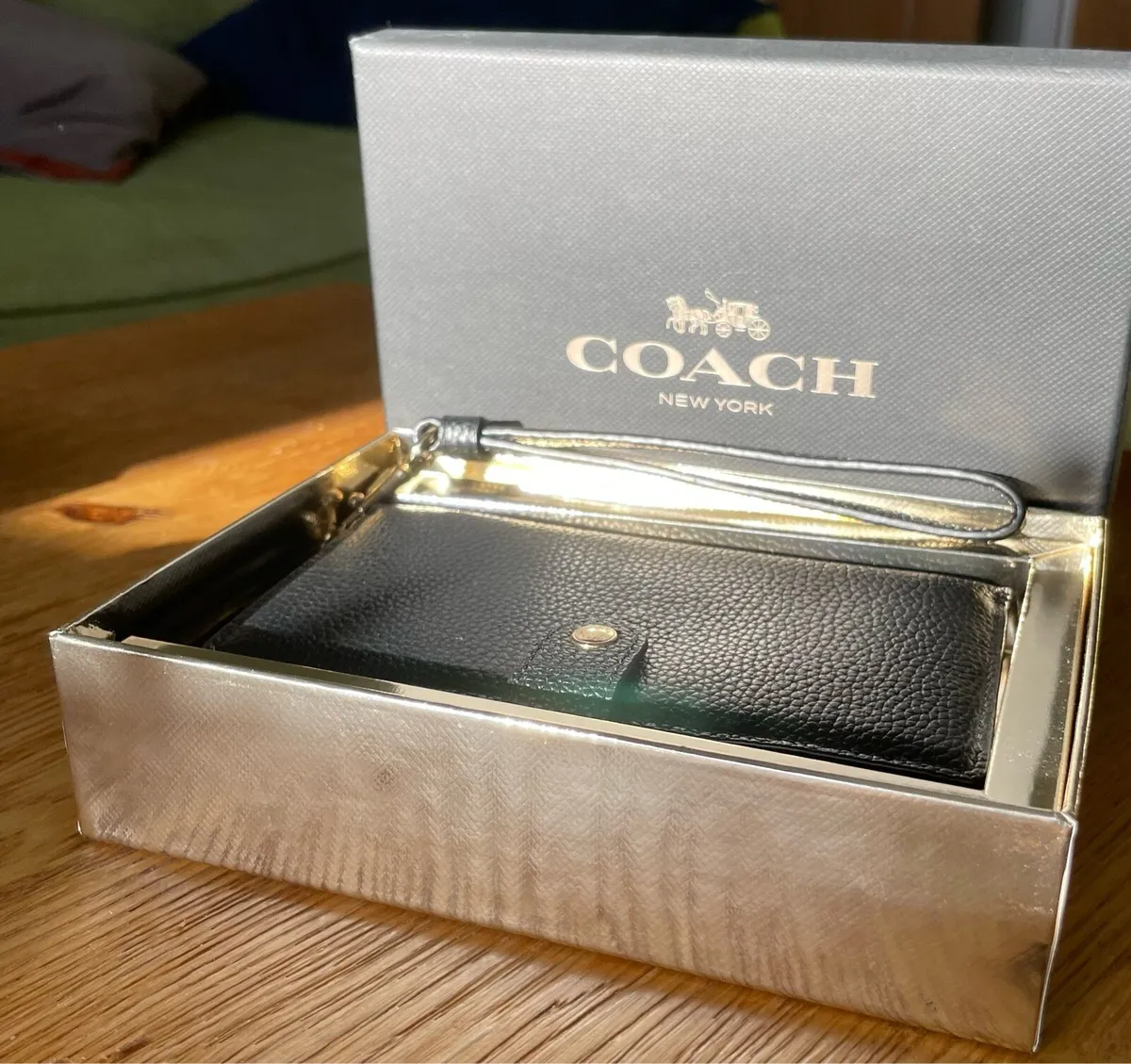 Coach Pebbled Black Leather Phone Wristlet Wallet - Image 1