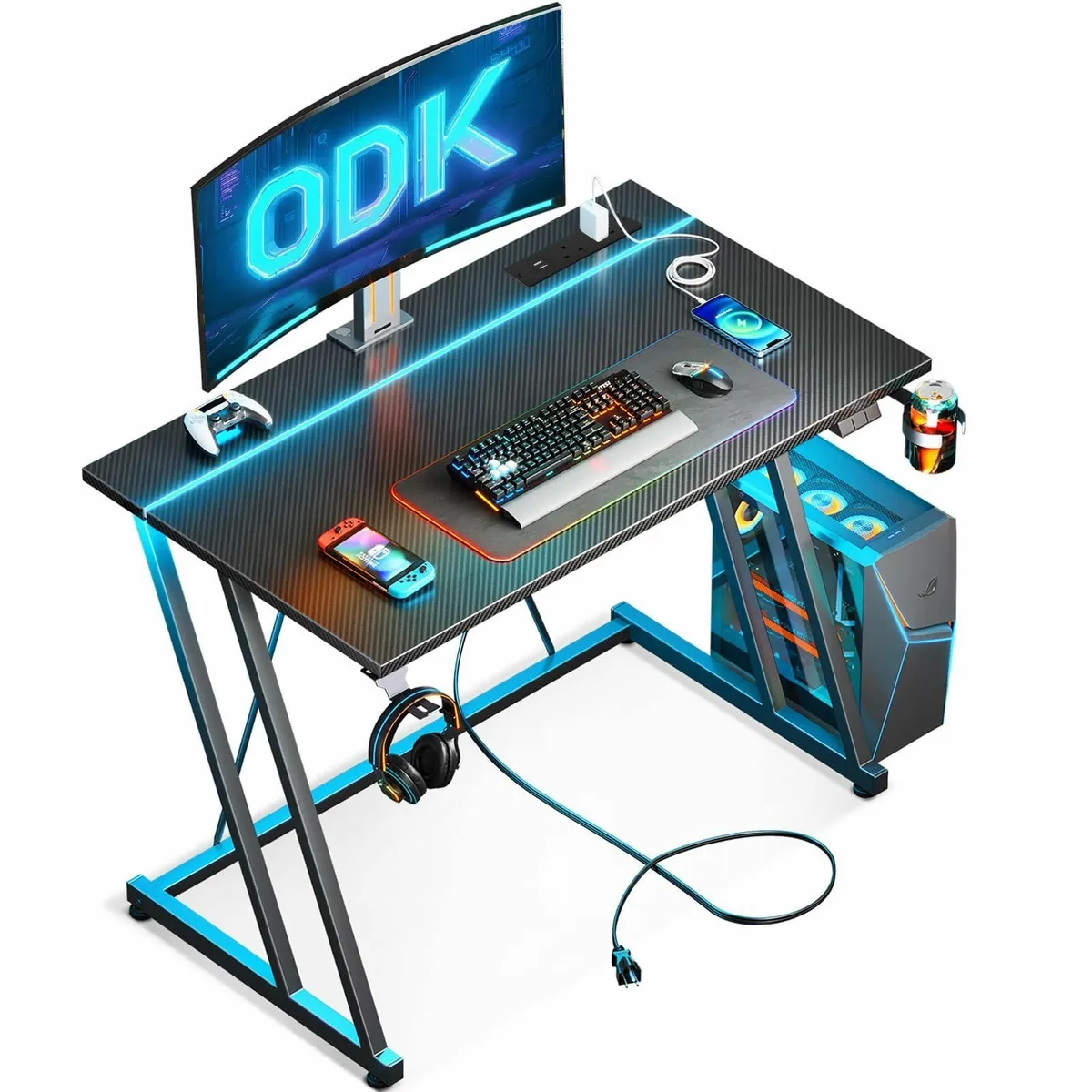 Gaming Desk LED Lights & Power Outlet Table Cup Ho - Image 1