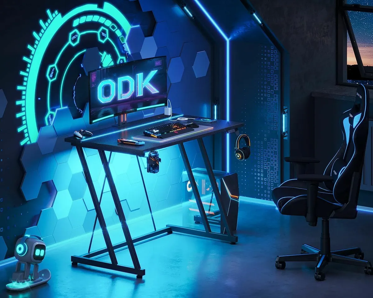 Gaming Desk LED Lights & Power Outlet Table Cup Ho - Image 2