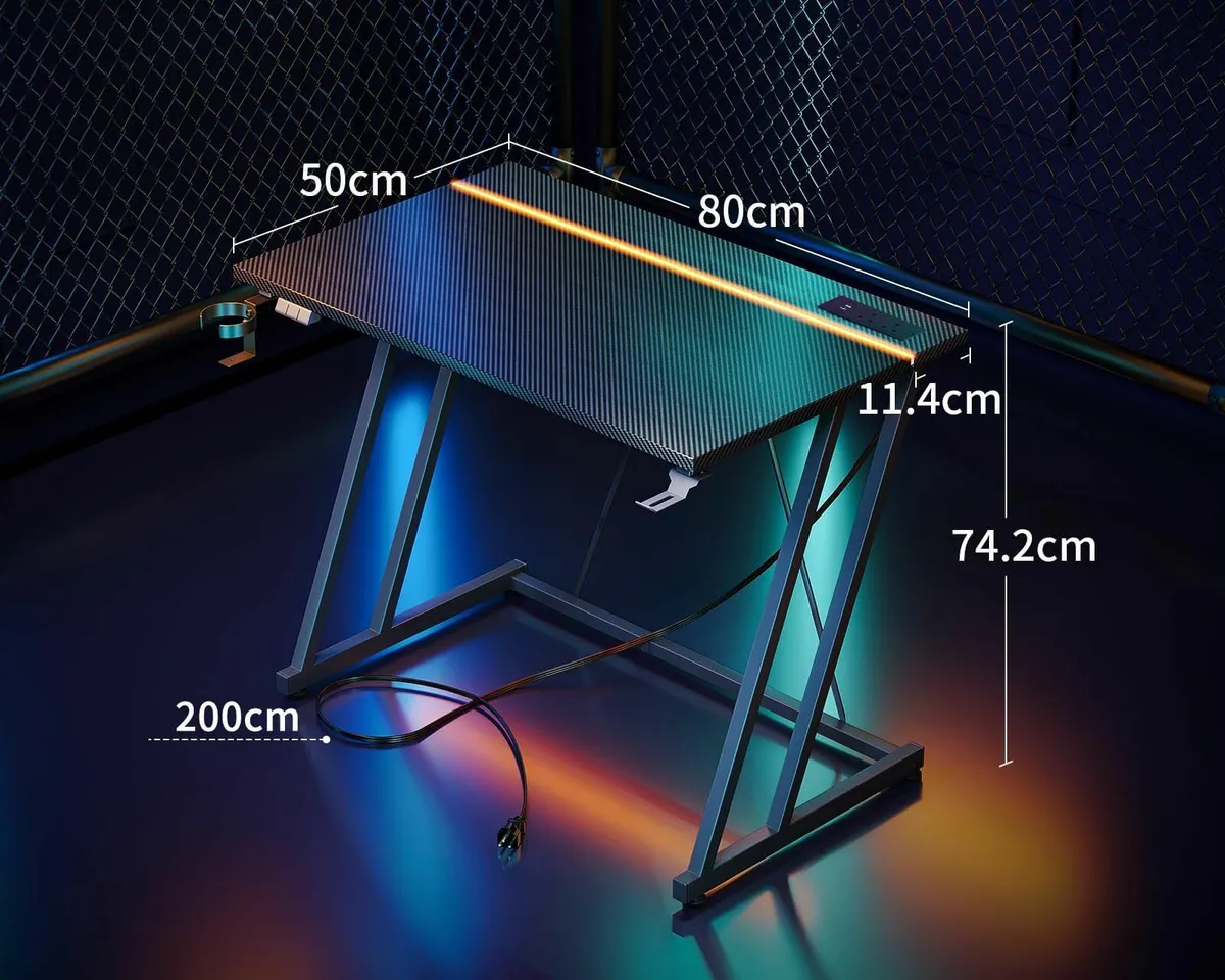 Gaming Desk LED Lights & Power Outlet Table Cup Ho - Image 3