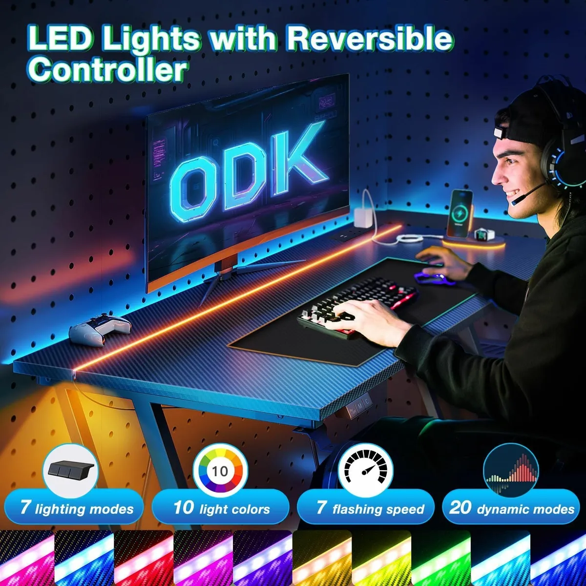 Gaming Desk LED Lights & Power Outlet Table Cup Ho - Image 4