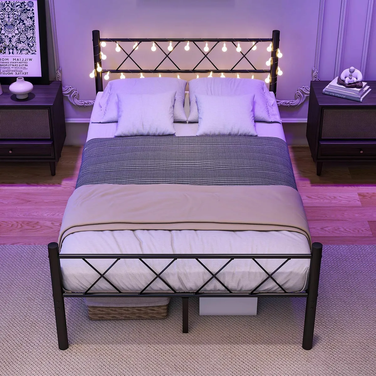 Double Bed Frame Headboard & LED lights4ft6 Metal - Image 4