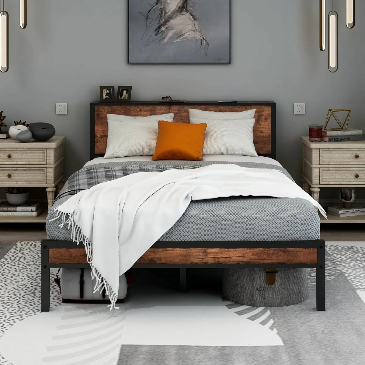 Double Bed Frame Metal Platform Wood Headboard/Mat - Image 1
