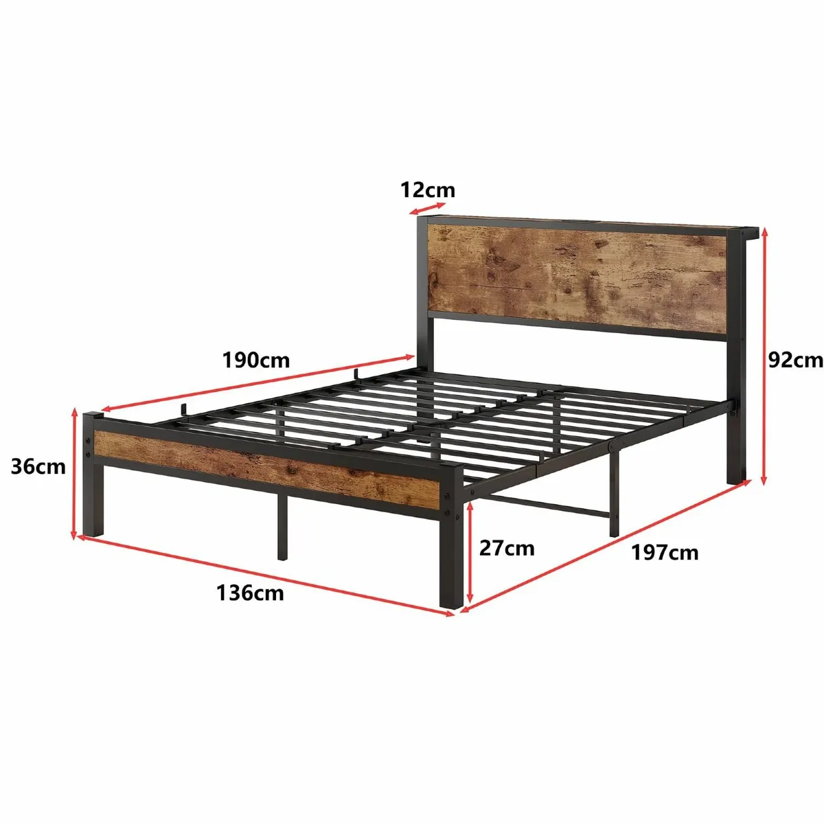 Double Bed Frame Metal Platform Wood Headboard/Mat - Image 2