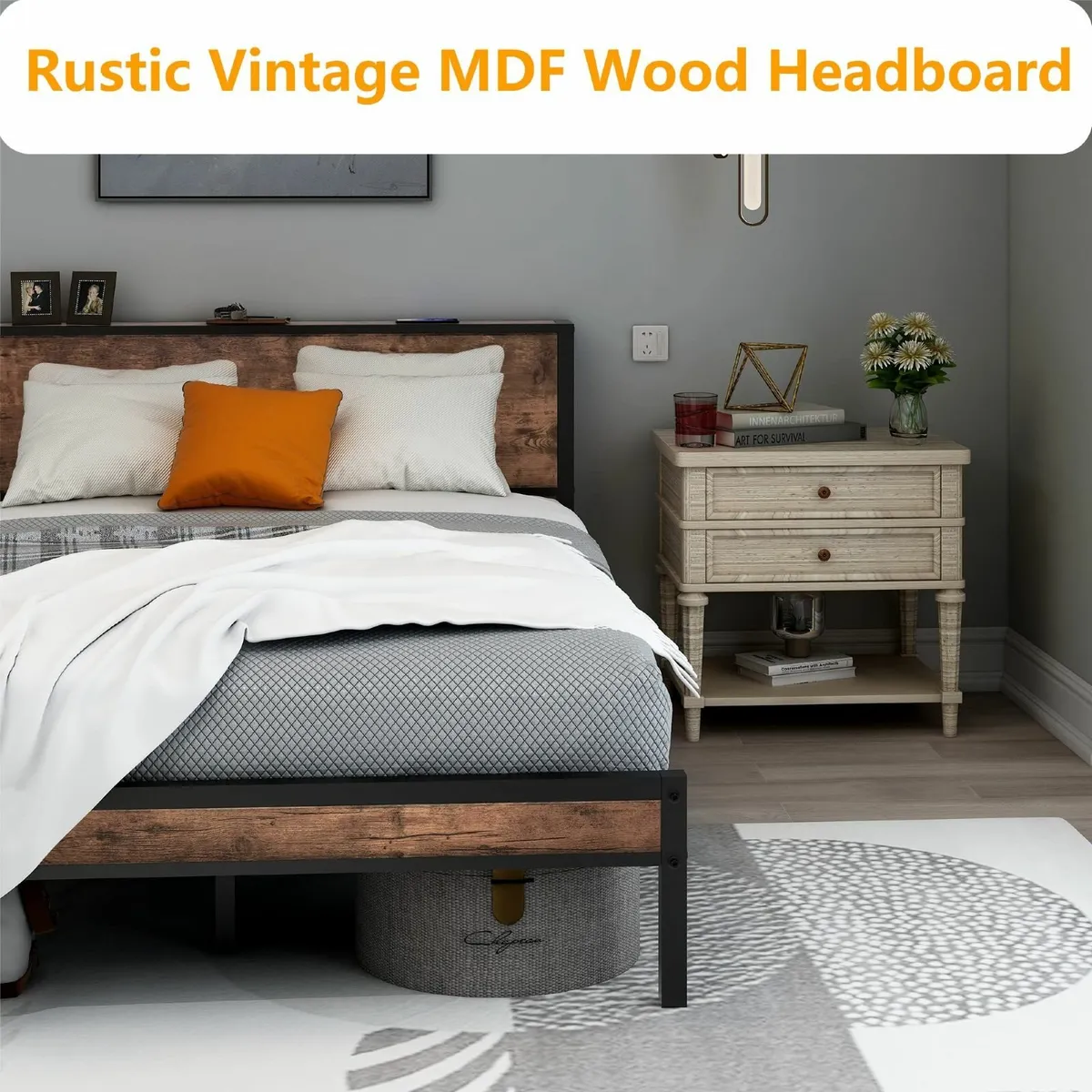Double Bed Frame Metal Platform Wood Headboard/Mat - Image 3