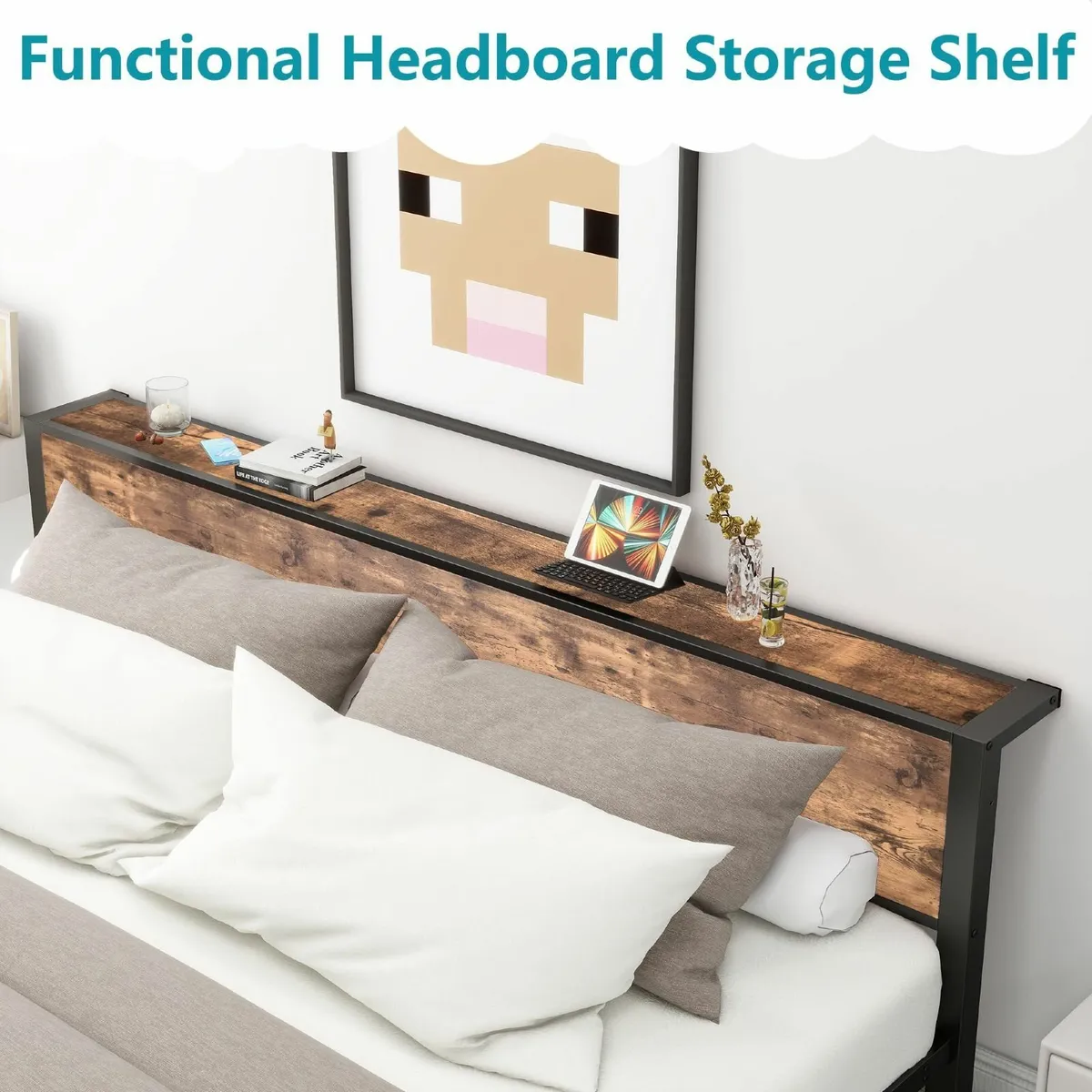 Double Bed Frame Metal Platform Wood Headboard/Mat - Image 4