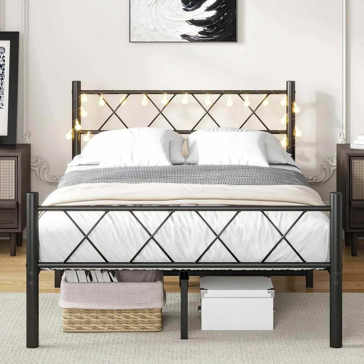 Double Bed Frame Headboard & LED lights4ft6 Metal - Image 1