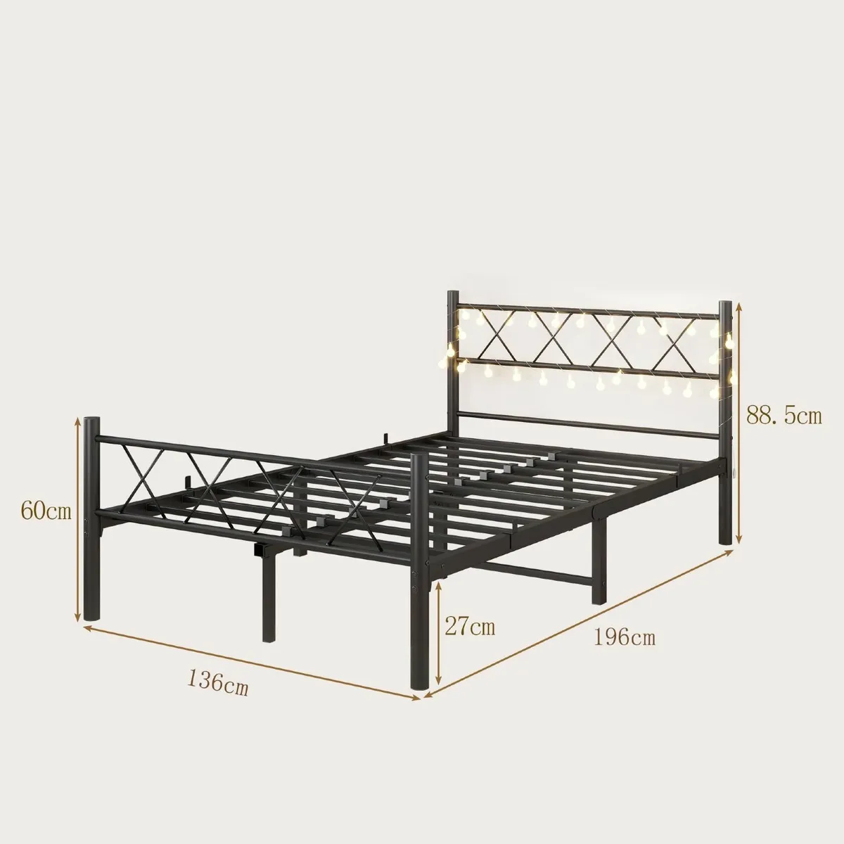 Double Bed Frame Headboard & LED lights4ft6 Metal - Image 2