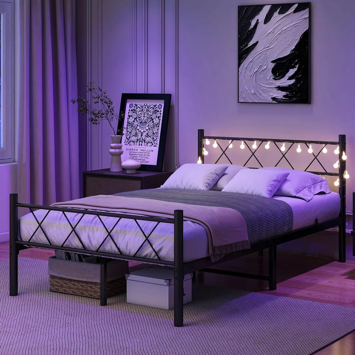 Double Bed Frame Headboard & LED lights4ft6 Metal - Image 3