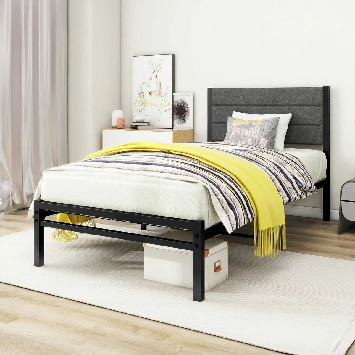 Single Bed Frame Upholstered Headboard Heavy Duty - Image 3