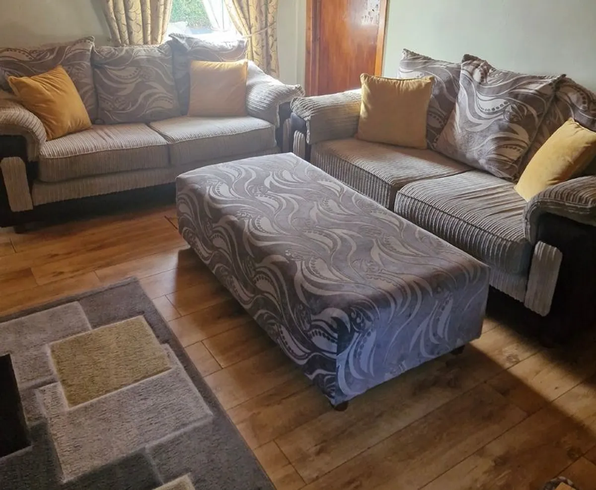2 x 3 seater sofas and footstool - Image 1