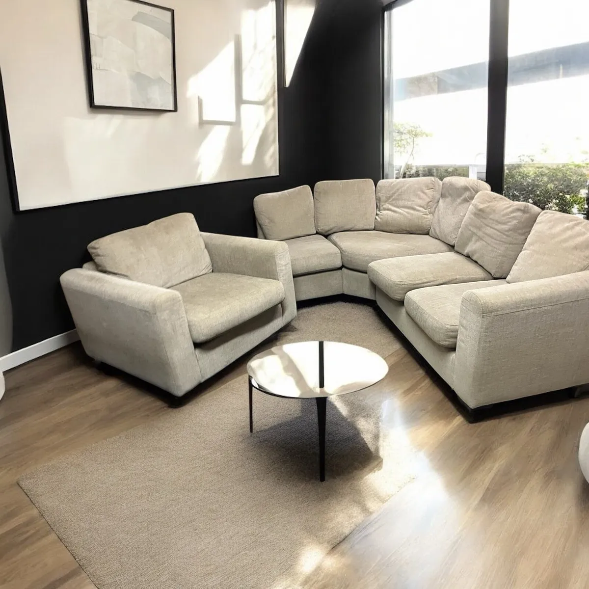 Beige corner sofa with matching armchair - Image 1
