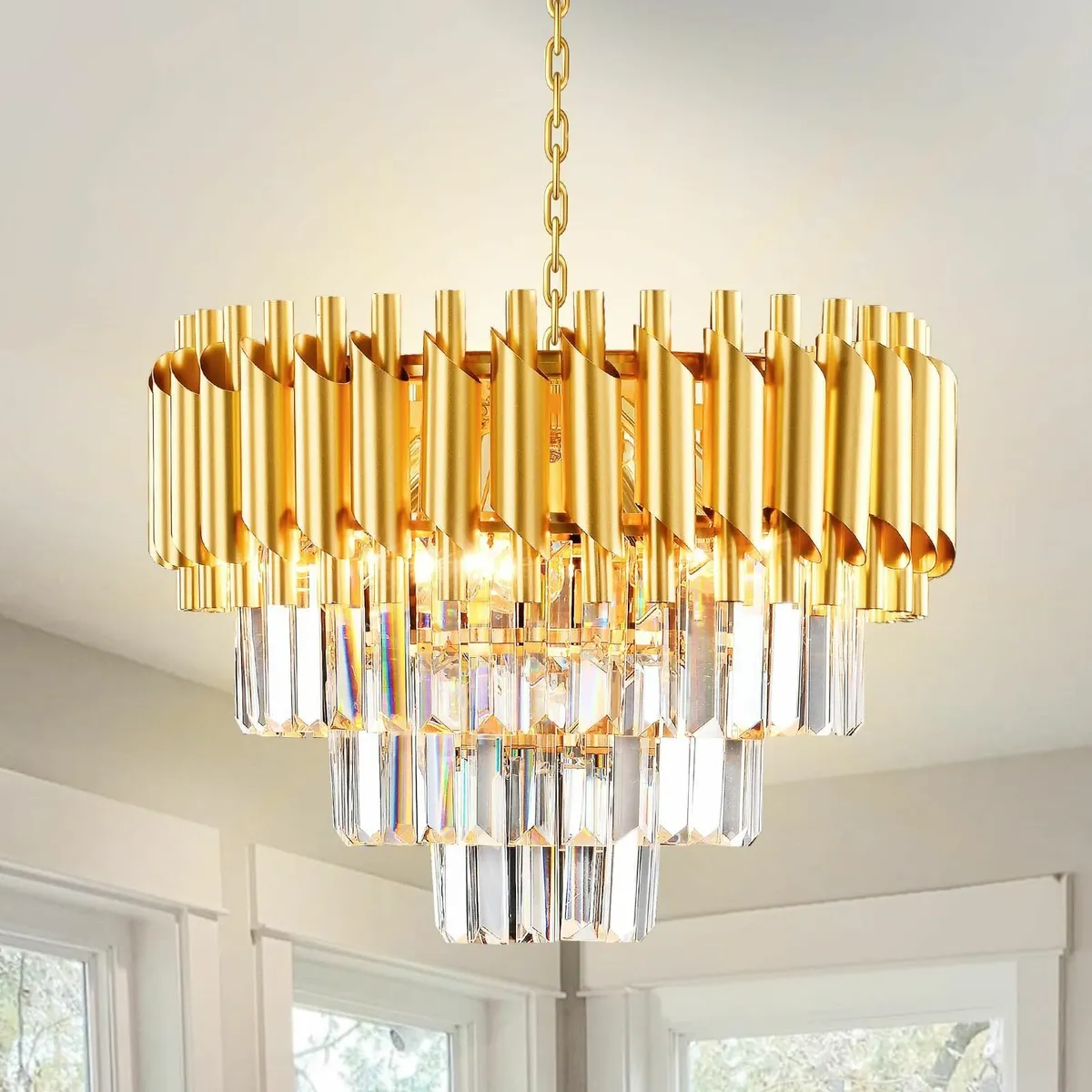 Modern Crystal Chandelier Gold 3-Tier Light Fixtur - Image 1