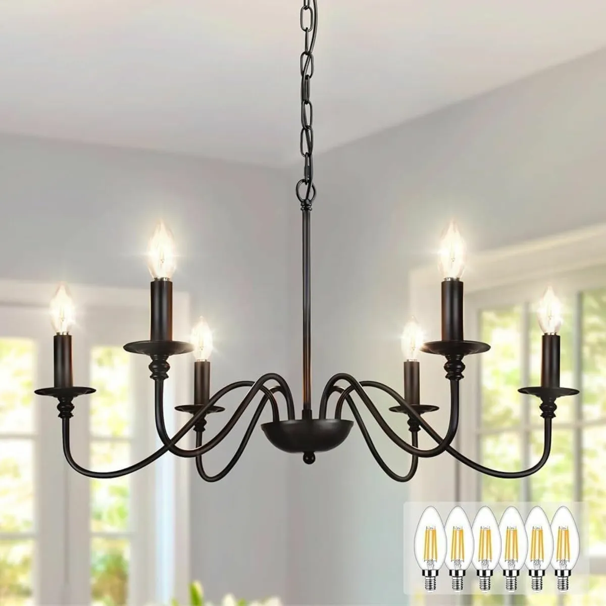 Farmhouse Chandelier for Dining Room: 6-Light Blac - Image 1