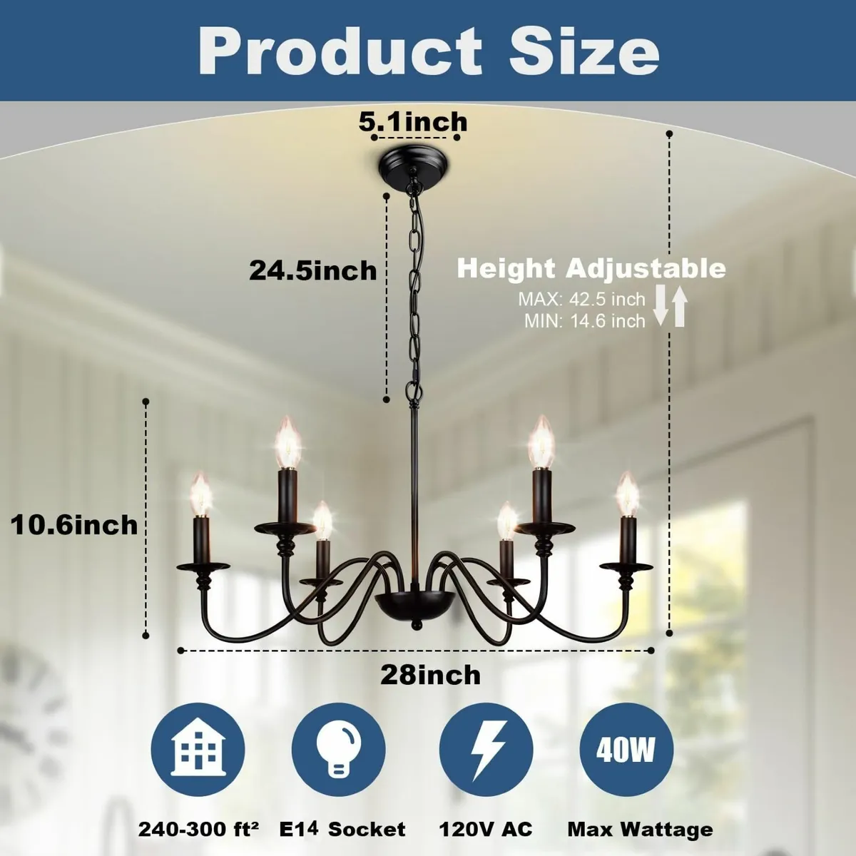 Farmhouse Chandelier for Dining Room: 6-Light Blac - Image 3