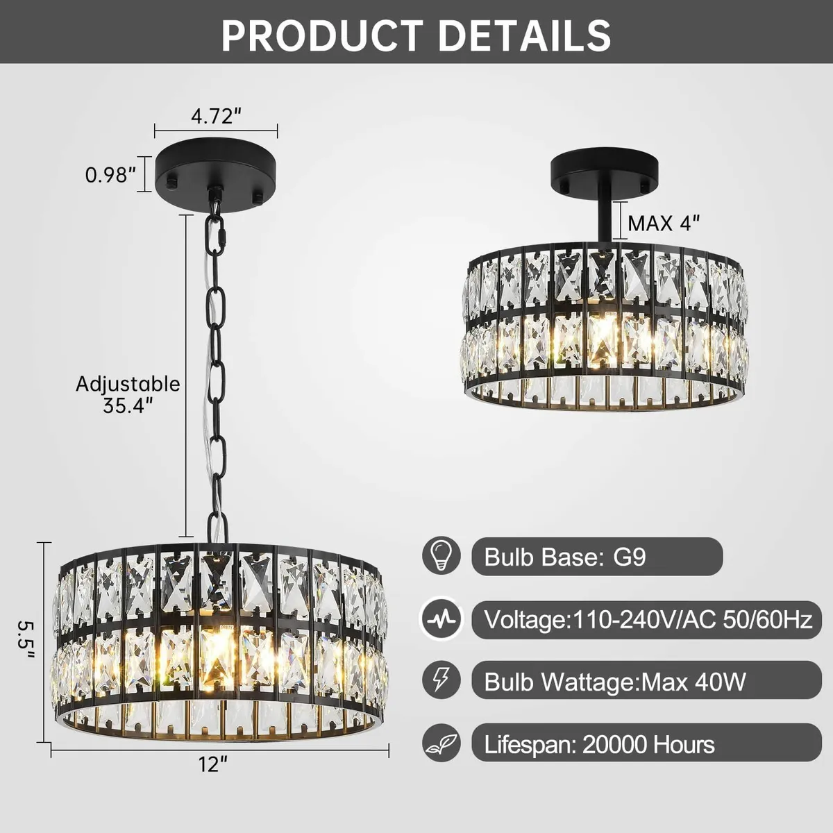 Black Crystal Ceiling Light Modern Chandelier Smal - Image 4