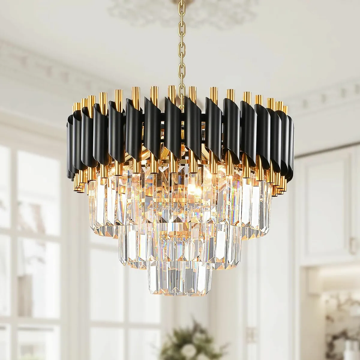 Modern Crystal Chandelier Black 3-Tier Light Fixtu - Image 1