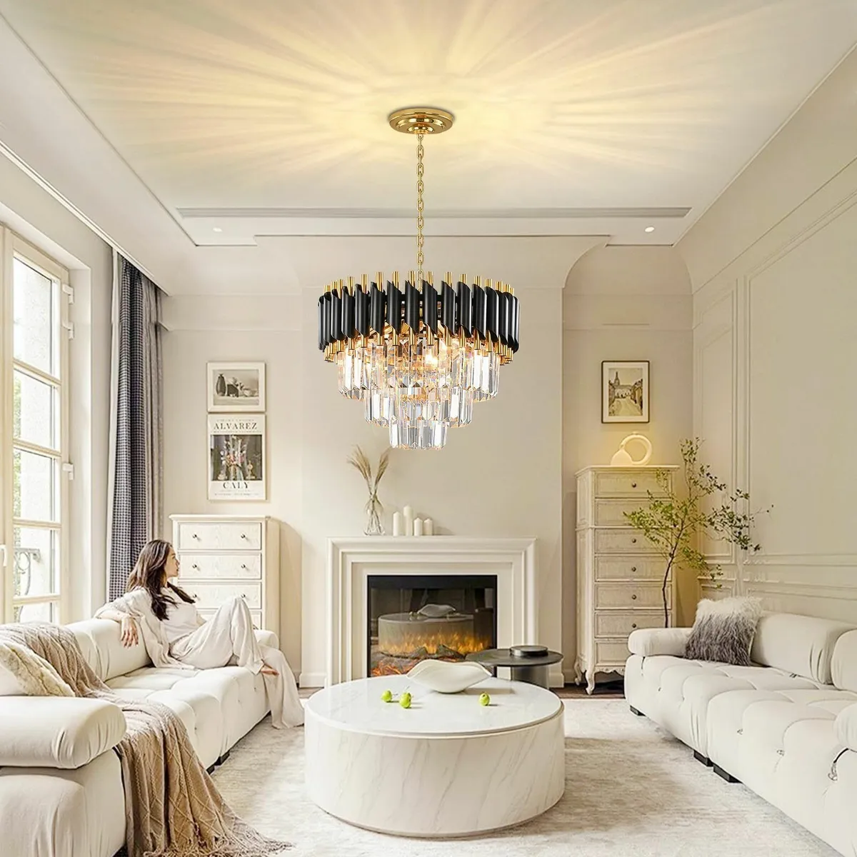 Modern Crystal Chandelier Black 3-Tier Light Fixtu - Image 2