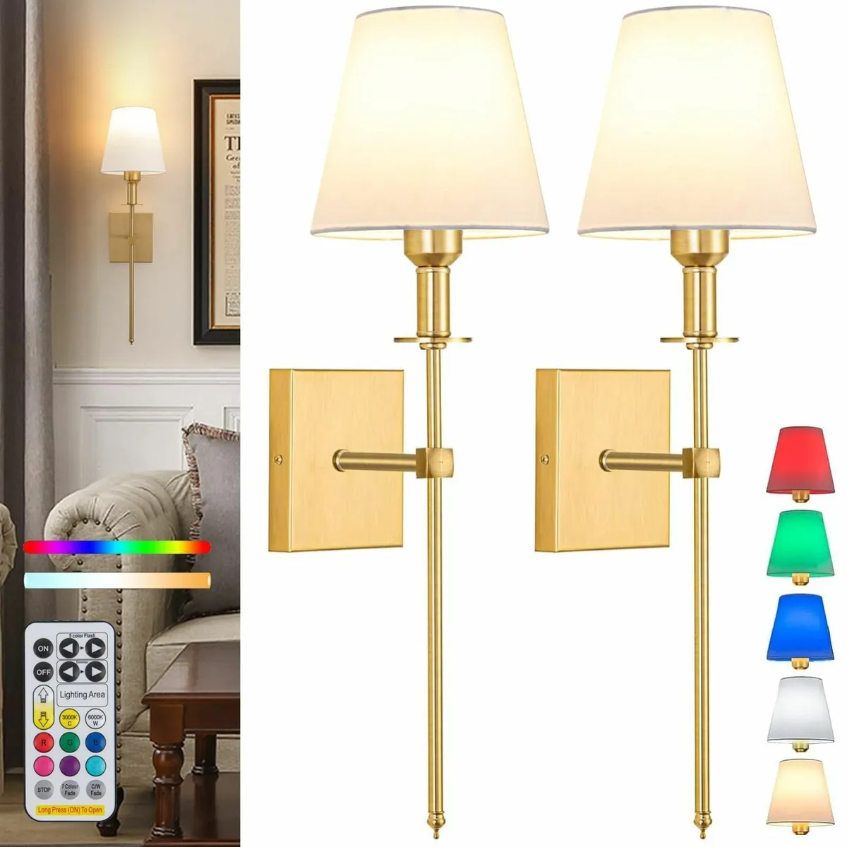 Battery Operated Wall Lights Set of 2Gold Recharge - Image 1