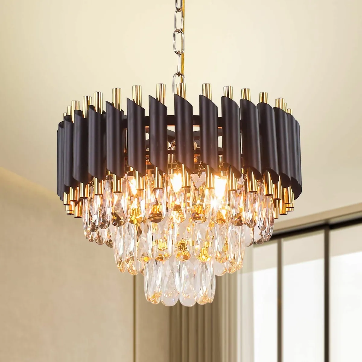 Yangfan Black Modern Chandelier 3 Tiers Crystal Pe - Image 1