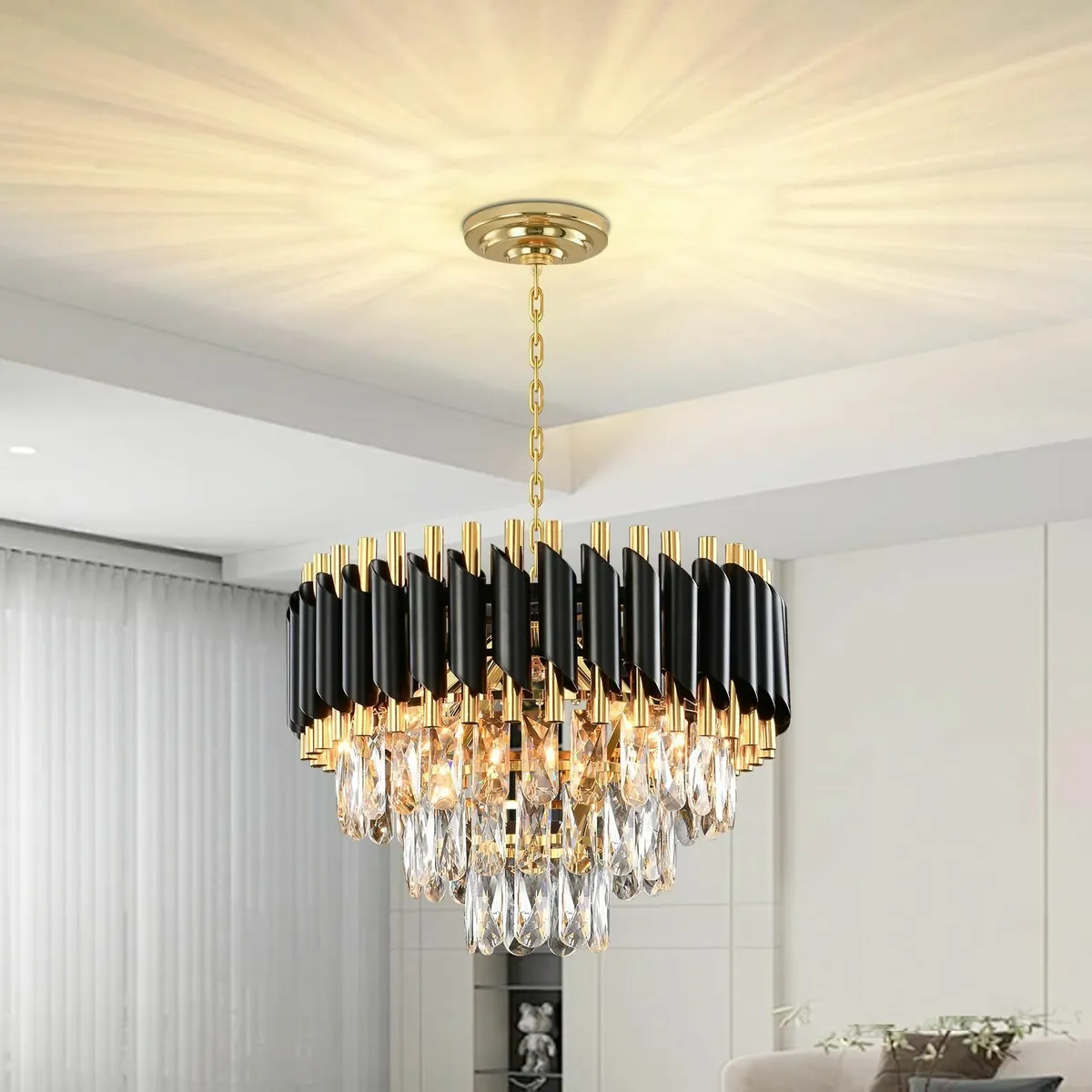 Modern Crystal Chandelier Black 3-Tier Light Fixtu - Image 1