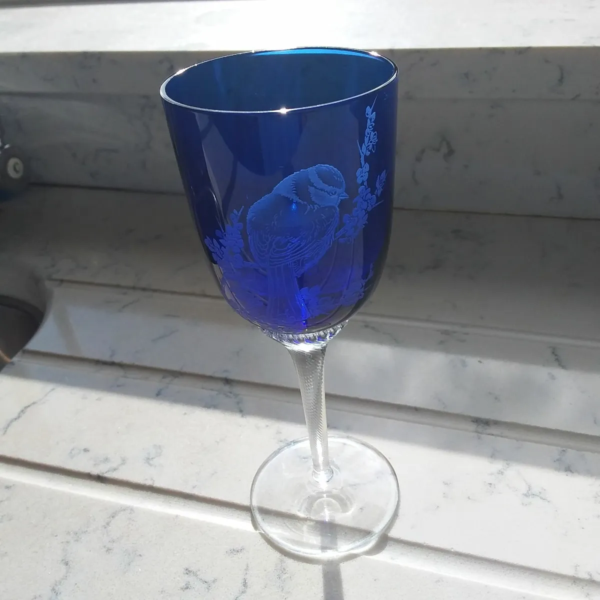 Two Cobalt Blue Etched Glasses - Image 2