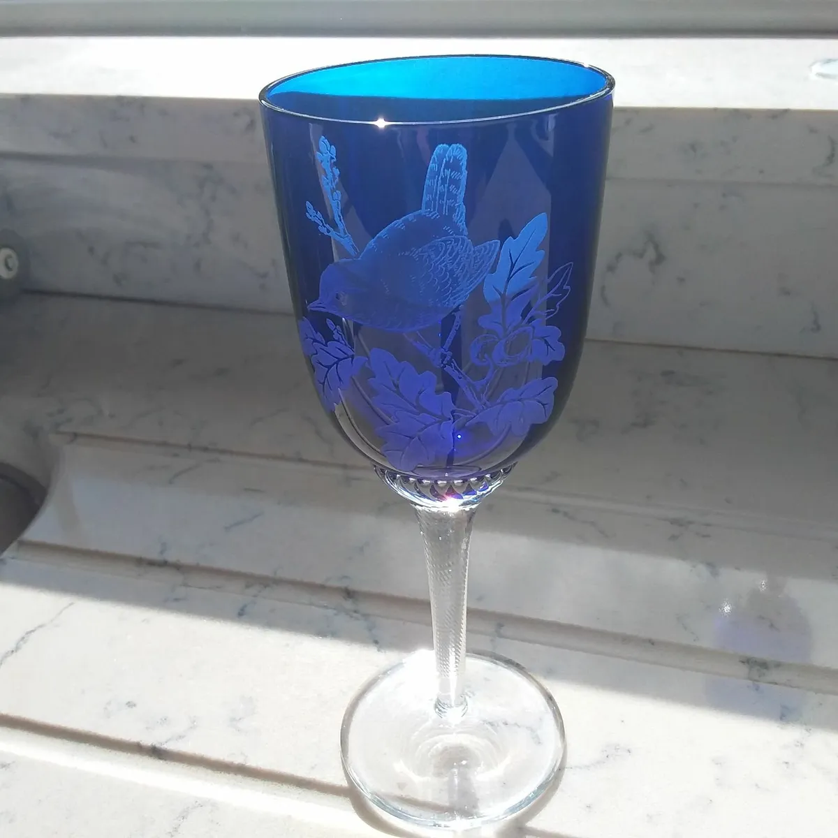 Two Cobalt Blue Etched Glasses - Image 3