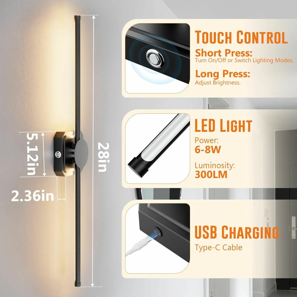 Battery Operated Wall Lights IndoorUSB Rechargeabl - Image 3