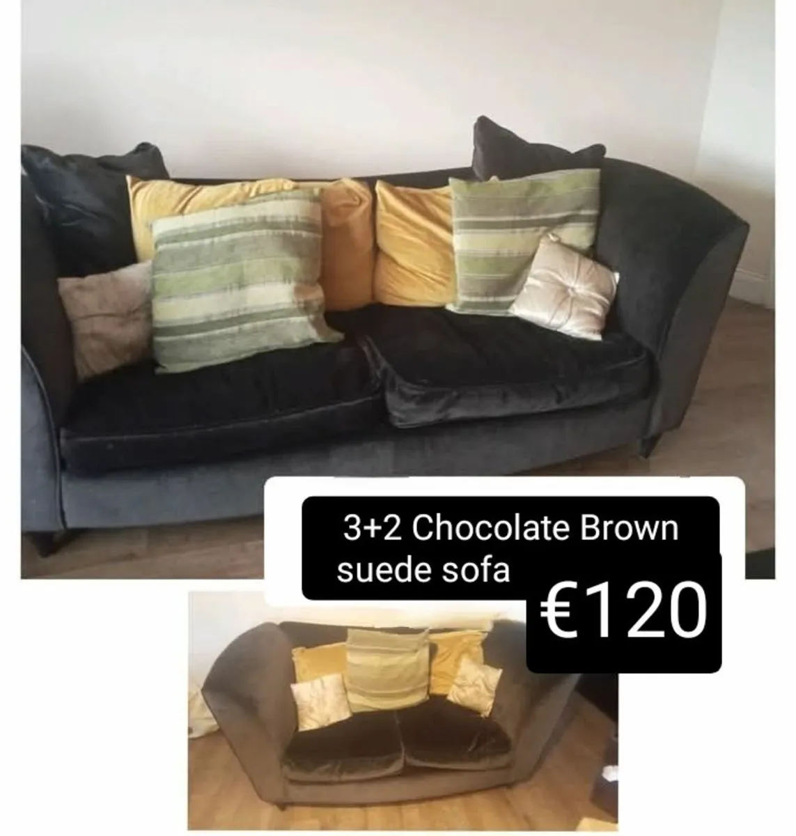 3+2 Chocolate Brown suede sofa