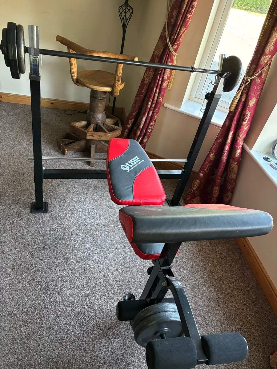 Gym equipment weights, bench, treadmill and bike - Image 1
