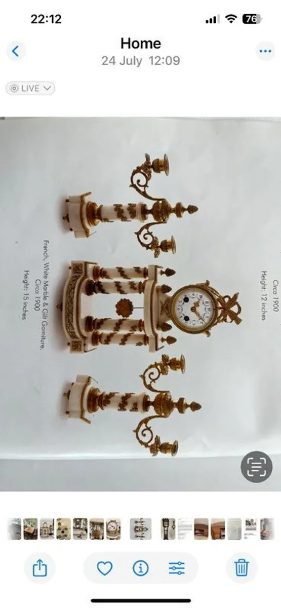 Antique clock and pair of candelabras - Image 1