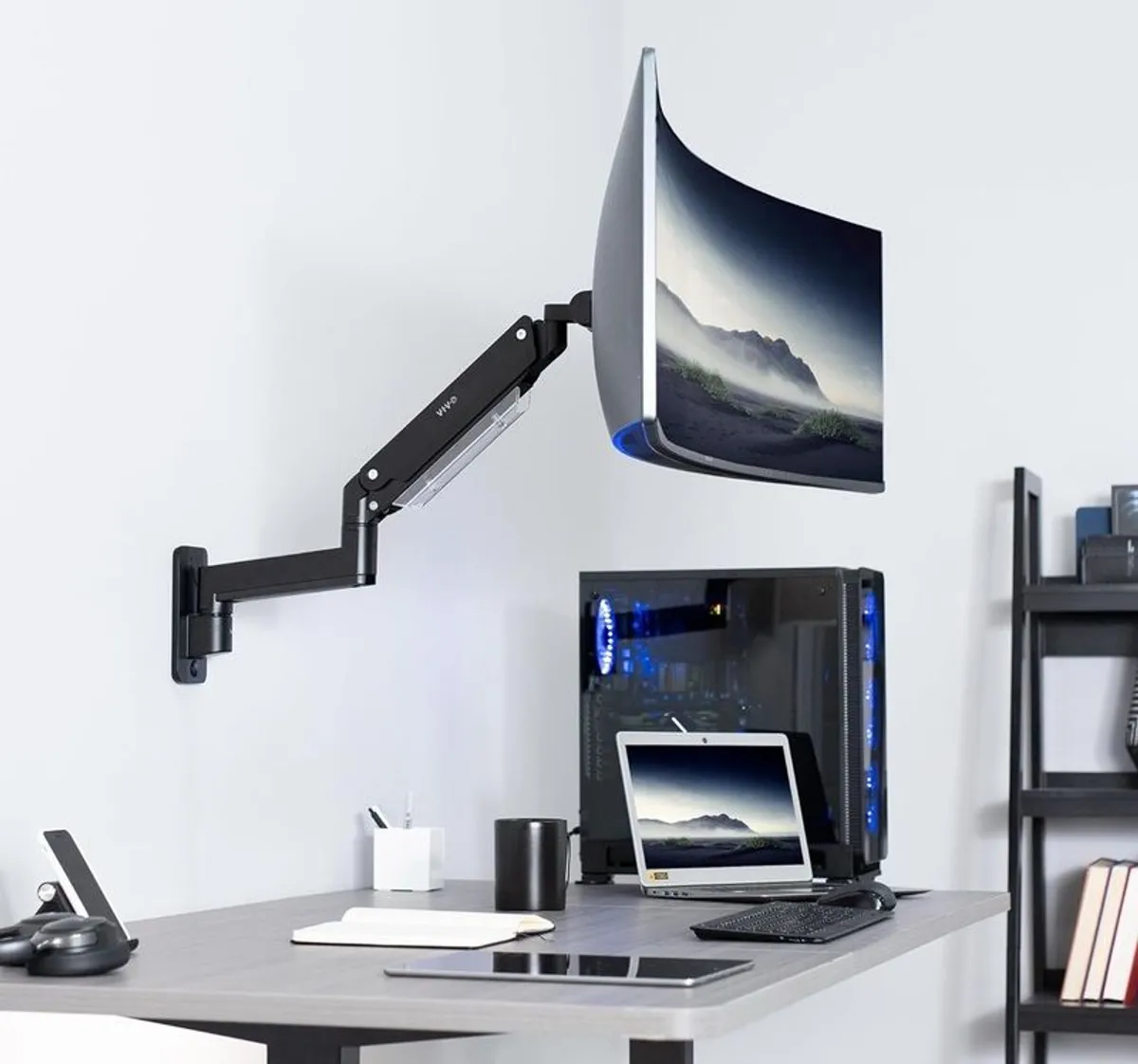 VIVO Premium Aluminum Heavy Duty Monitor Arm for Ultrawide Screens up to 49 inches and 20 kg, Single Wall Mount, Pneumatic Height, Max VESA 100x100, Black, MOUNT-V101G1 - Image 2