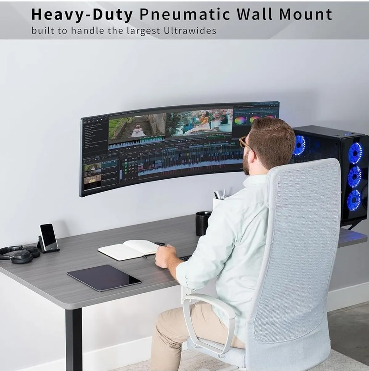 VIVO Premium Aluminum Heavy Duty Monitor Arm for Ultrawide Screens up to 49 inches and 20 kg, Single Wall Mount, Pneumatic Height, Max VESA 100x100, Black, MOUNT-V101G1 - Image 3