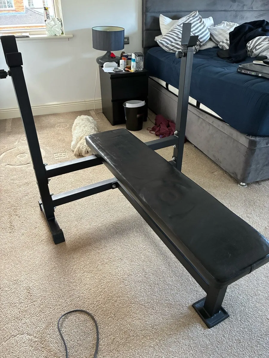 Olympic flat bench with barbell and iron plates - Image 2