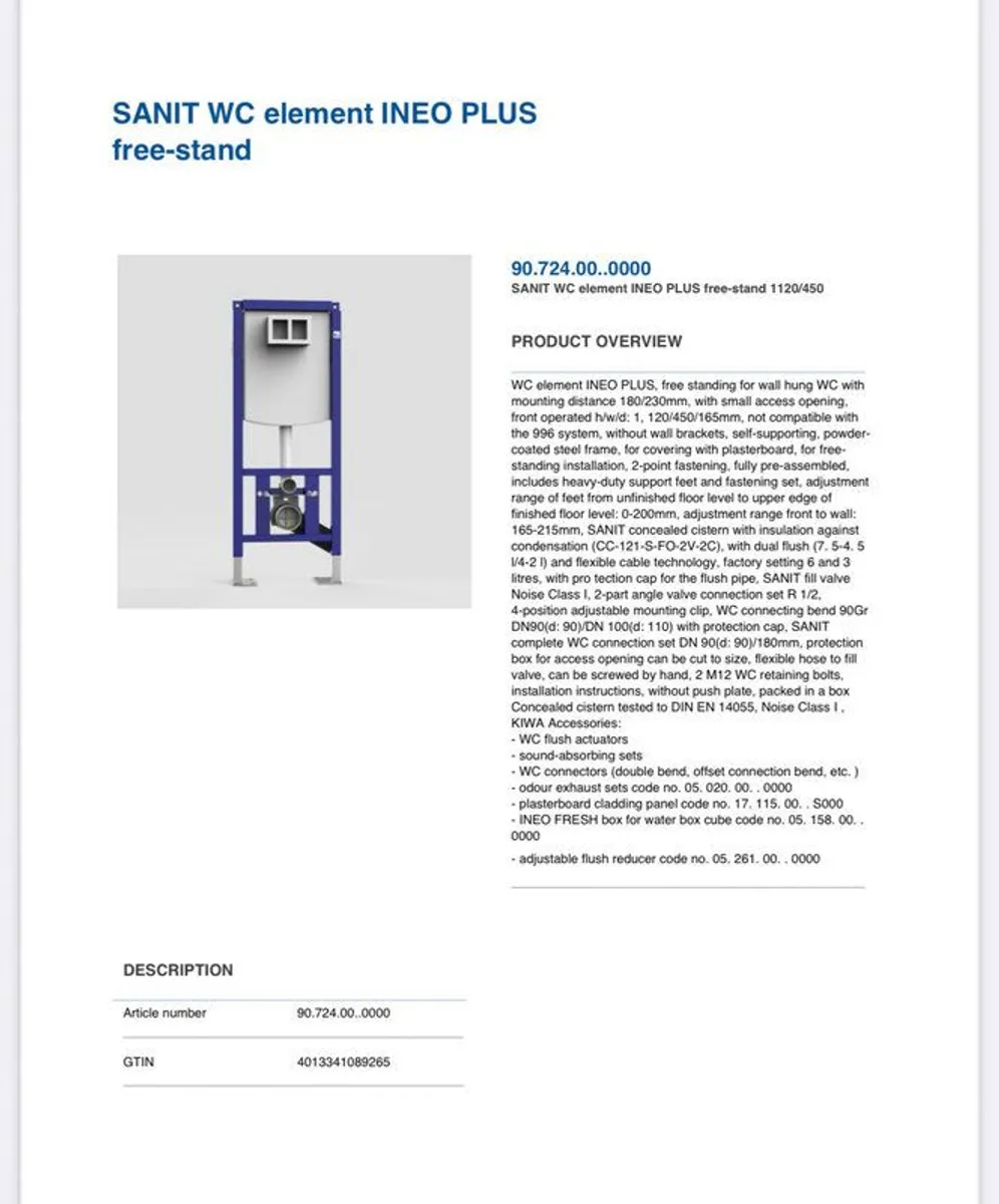 Sanit WC frame 1120mm inclu wall bracket - Image 2