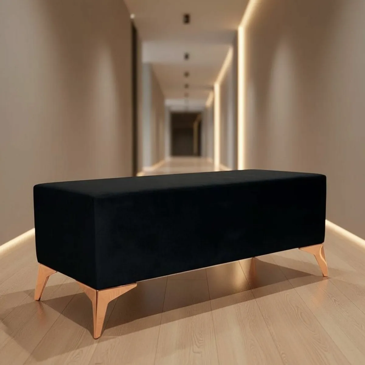 Handmade Velvet Bench with Gold Metal Legs - Image 1